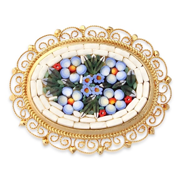 Vintage Italian Floral Micro Mosaic Brooch Gold Plated Blue Flowers Glass Tiles - Picture 1 of 3